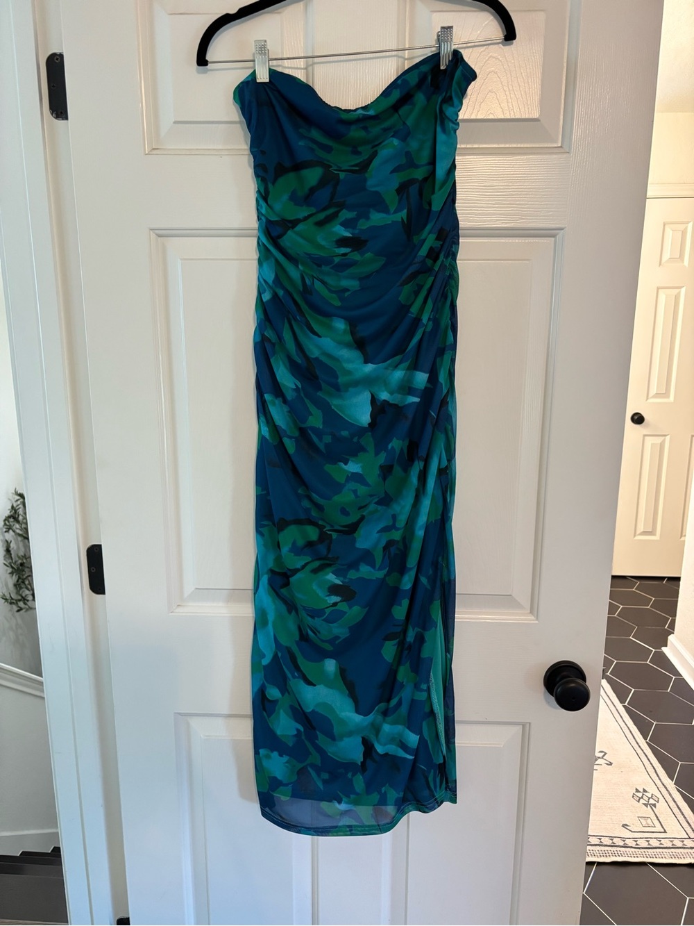 Strapless Teal & Green Ruched Evening Dress